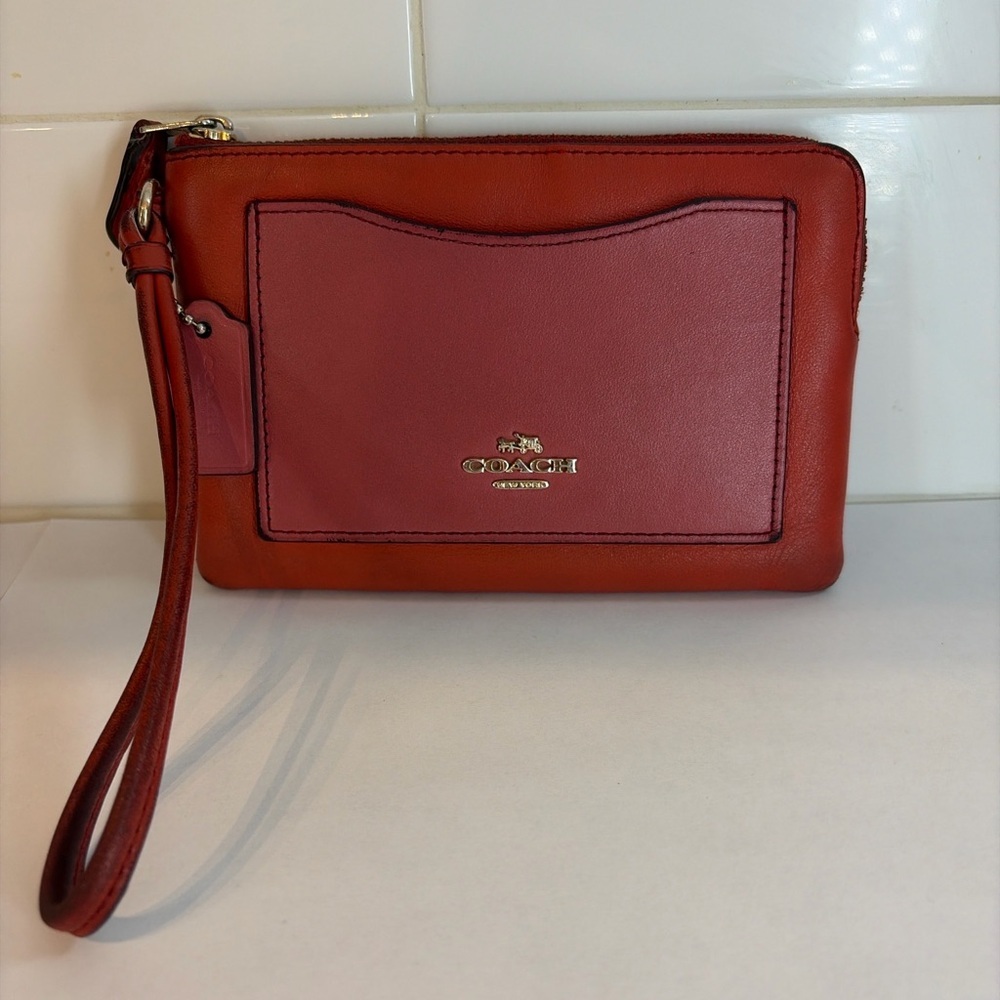 Coach pink orange Leather Zip Wristlet Clutch Wallet Pouch